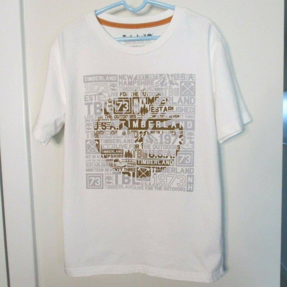 Timberland Size S Boys White 100% Cotton Graphic Tee 1973 T-Shirt Youth